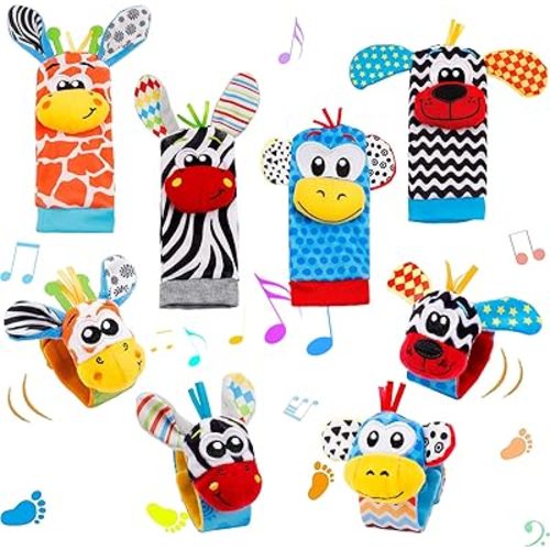 Baby Wrist Rattles and Sock Toys - Newborn 0-6 Months, 8PCS Soft Foot Finder Set, Hand and Feet Sensory Developmental Socks for Infants, Girl Boy Gifts