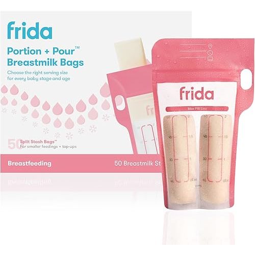 Frida Mom Breastmilk Storage Bags, 50ct Splitstash Freeze & Thaw Milk Bags for Breastmilk, Splits Bag into Two 2oz Portions, Leakproof Seal, Perfect Pour Spout, No Slip Finger Grip, BPA Free, 4oz Bag
