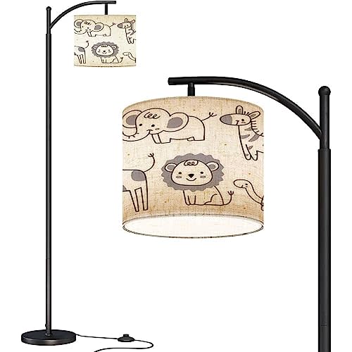 Modern Arc Floor Lamp with Dimmer Mid Century Set animals doodle styles Elephant giraffe lion turtle zebra African Metal Standing Lamp with Linen Shade Footswitch for Living Room Bedroom Office