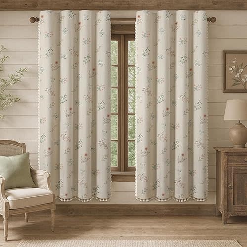 XOGUIBO Boho Floral 100% Blackout Curtains 72 Inch 2 Panels Linen Texture