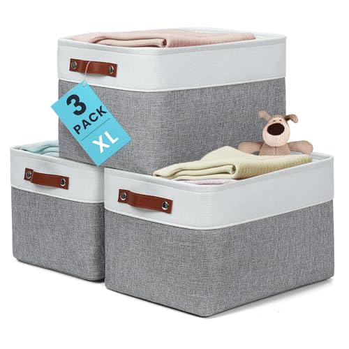 OrganiHaus Extra Large Fabric Storage Baskets for Shelves 3 Pack, 16x13in Closet Storage Bins for Shelves, Canvas Baskets for Organizing, Linen Closet Organizers, Cloth Basket, Gray/Off-White