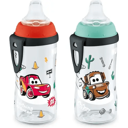 NUK First Choice Active Cup 2.0, 10oz, 2-Pack, Disney Cars | 8+ Months, Spill-Proof Soft Spout, Smooth Transition to First Cup, Ultra-Lightweight with Carry Clip, BPA-Free