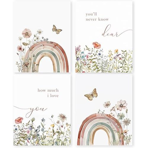 HRQKO Boho Rainbow Nursery Art Set of 4, Baby Girl Room Wall Decor, Wildflower Artwork Prints, 8'x10' Unframed