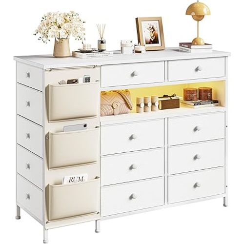 EnHomee White Dresser for Bedroom with 13 Fabric Drawers and LED Lights, Closet Island with Drawers, Dressers & Chests of Drawers with Side Pocket for Girl Bedroom Closet Organizer