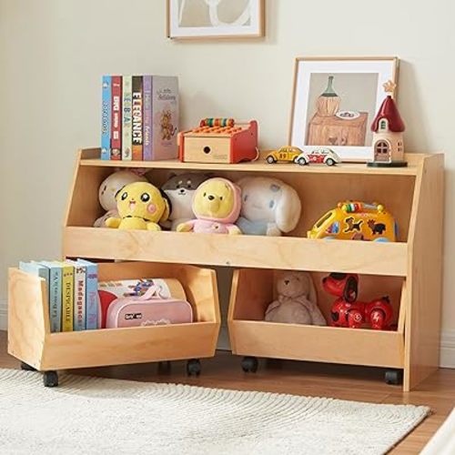 3-in-1 Kids Toy Organizer with Wheels, 2 Pull-Out Drawers & 2-Tier Wooden Book Shelf, Heavy Duty Pine Plywood Montessori Storage for Playroom, Nursery