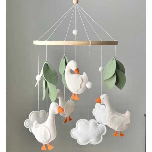 Goose Mobile with Leaves Clouds,Realistic Goose Baby Mobile Crib,Mother Goose Theme Nursery Mobile,Rustic Infant Mobile,Duck Baby Mobile Boy