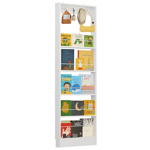 Behind The Door Bookshelf Kids,Wooden Behind Door Bookshelf, 5-Tier Bookcase Book Shelf Space-Saving Organizer Storage for Toys and Story Books Wall Mount Shelves with Hooks(White)