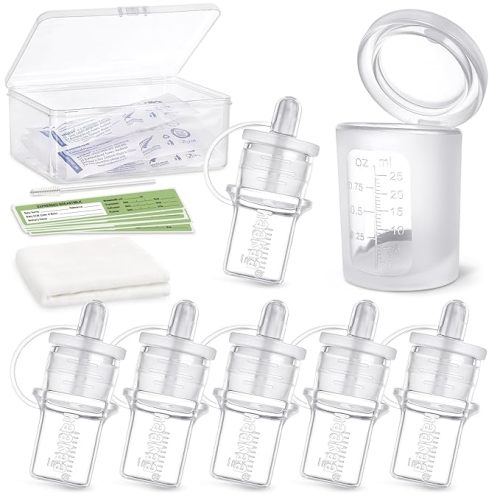 haakaa Colostrum Collectors 2ml/6pcs & Lidded Feeding Cup 25ml/1pc Set - Collect, Store & Feed Colostrum in One, Ready-to-Use Individually Wrapped, Reusable Colostrum Syringes for Liquid Gold