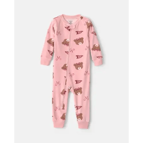 Baby Girl 1-Piece Bears & Bows 2-Way Zip DreamPlush Snug Fit Pajama - Pink | Carter's