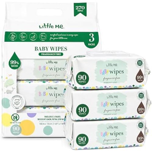 Little Me Baby Wipes, 270 Count (3 Packs of 90) – 99% Water, Alcohol Free, Paraben Free, Hypoallergenic, 4-in-1 Sensitive Skin Care, Flip-Top Pack for Easy Dispensing (Fragrance Free)