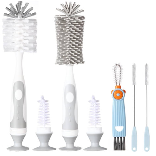 5-in-1 Baby Bottle Cleaner Set, Including Nylon & Silicone Bottle Brush, Cap, Straw & Nipple Brushes, BPA-Free (Grey)