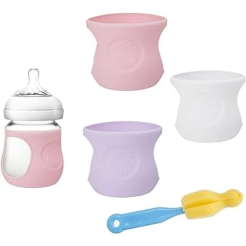 3 Pack Silicone Sleeve for Philips Avent Glass Bottle, Anti Breakage Baby Bottle Holder with Nipple Brush for Avent Glass Bottles 4 oz, Bottle Covers Compatible with Philips Avent Glass Bottles 4 oz