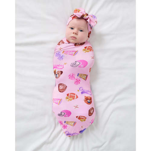 Team Spirit Pink Swaddle & Luxe Bow Headband Set | Little Sleepies