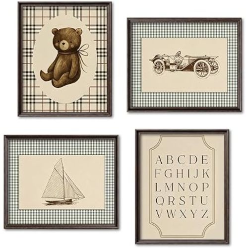 NaZaUK Vintage Nursery Wall Art Set of 4, Teddy Bear Boys Room Decor