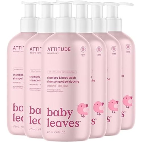 ATTITUDE 2-in-1 Shampoo and Body Wash for Baby, EWG Verified, Dermatologically Tested, Made with Naturally Derived Ingredients, Vegan, Unscented, 16 Fl Oz (Pack of 6)