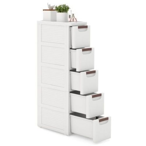 Costway 5-Drawer Narrow Rolling Storage Cabinet w/ Pull Handles Built-in Wheels