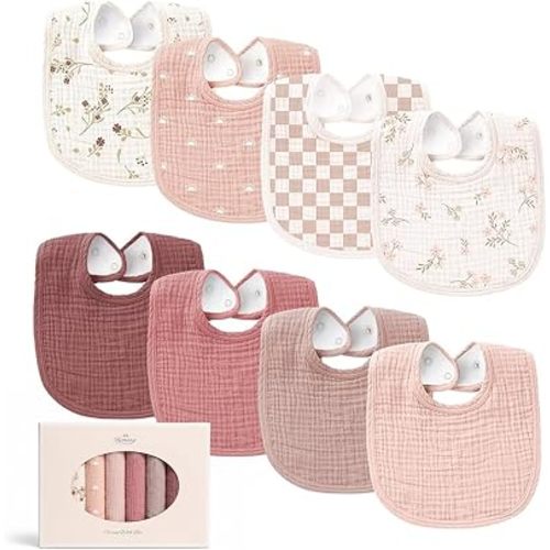 Konssy 8-Pack Muslin Baby Bibs, Adjustable Fit for Drooling and Teething | Soft Absorbent, Drool Bibs for Baby Boys Girls, Cotton Front with Fleece Backing, Newborn to Toddler 0-36M