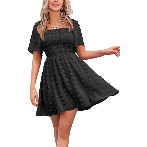 EXLURA Women's 2024 Summer Casual Ruffle Short Sleeve Swiss Dot Mini Dress Smocked Square Neck Flowy Sundress