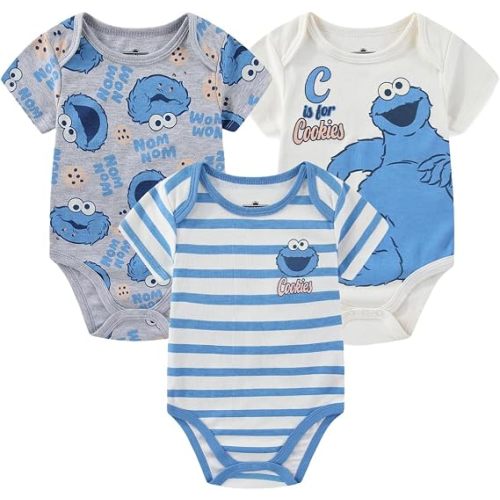 Sesame Street Cookie Monster Baby Boys 3 Pack Bodysuit for Newborn and Infant