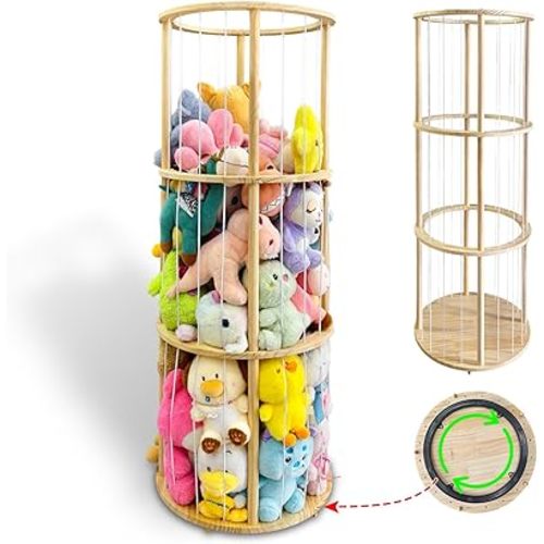 Rotatable Stuffed Animal Storage Zoo Tower, 51" Tall Wooden Plush Toy Organizer (19" x 19" Base) with Elastic Cords, Large Capacity Toy Bin for Dolls and Soft Toys, Nursery Decor for Boys & Girls