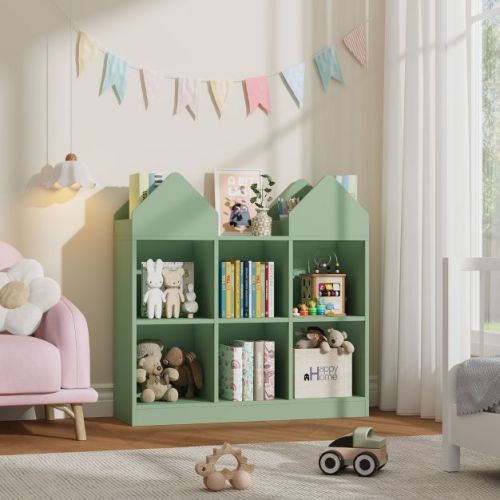Kids Castle Cube Toy Storage Organizer, Wooden 6 Cubby Bookshelf with Anti Tip Device for Playroom or Bedroom