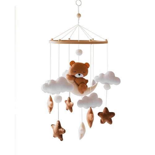 Teddy Bear Baby Mobile, Sleepy Bear Baby Mobile, Teddy Bear in The Clouds and Stars, Room Decor, Teddy Bear Theme Nursery, Eddy Bear Clouds Moon Felt Mobile Crib ARM is NOT Included