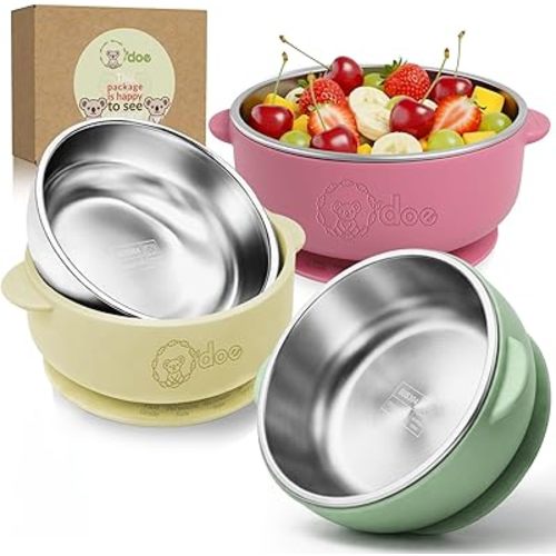 o'doe Suction Bowls for Baby - Non-Toxic Stainless Steel Baby Bowls 5" with Non-Slip Removable Silicone Shell - BPA-Free Toddler Bowls for Babies Self Feeding