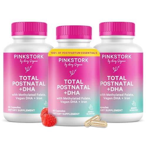 Pink Stork Total Postnatal Vitamins for Women with Vegan DHA, Iron, Folate, and Vitamin B12, Postpartum Recovery Essentials, Daily Supplement for Breastfeeding Moms - 3 Month Supply
