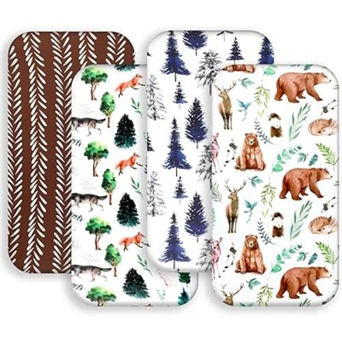 4 Pack Bassinet Sheets Woodland Forest Animals Wood Neutral Unisex Fitted Baby Bassinet Sheets Set for Standard Bassinets for Baby Boys or Girls