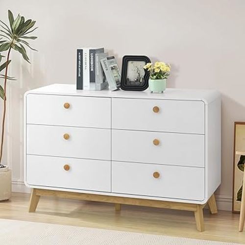 Aries 6 Drawer Dresser for Bedroom, 47.3″ W Modern Wide Chest of Drawers, Wood Storage Organizer for Clothes, Entryway, Hallway, Nursery or Living Room, White