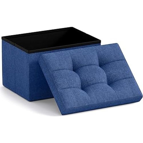 Ornavo Home Small Storage Ottoman Foldable Collapsible Rectangle Linen Ottoman Foot Rest Stool Seat, for Living Room, Bedroom, Home Office, Dorm - 12 x 16 x 12, Navy Blue