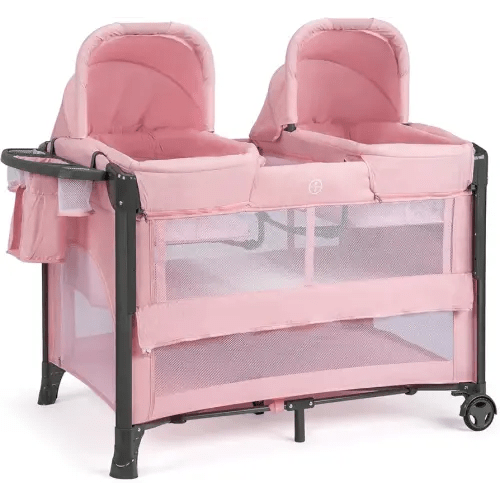 JOYMOR Twin Bassinet for Baby, Pink Bedside Bassinet, Convertible to Bedside Sleeper and Playpen, with Wheel, Brake, Foldable Side Sleeper