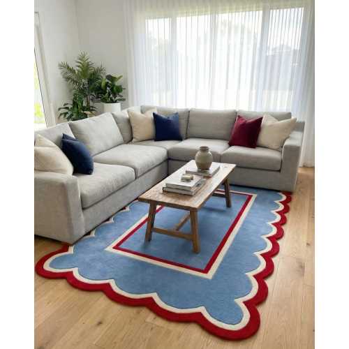 Hand Tufted Wool Scalloped Rug, Modern Red & Blue Accent Rug (5x8)