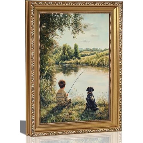 Vintage Gold Framed Canvas Wall Art Country Boy Fishing Painting Picture Wall Decor Spring Rustic Lake Landscape Boy with Dog Poster Print Artwork for Bedroom Nursery Living Room Study 9x11in