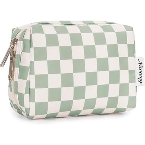 Narwey Small Checkered Makeup Bag for Purse Mini Cosmetic Bag Travel Makeup Pouch Zipper Pouch Cute Make up Bags with Compartments for Women Girls (Mint Green Checkerboard, Small)