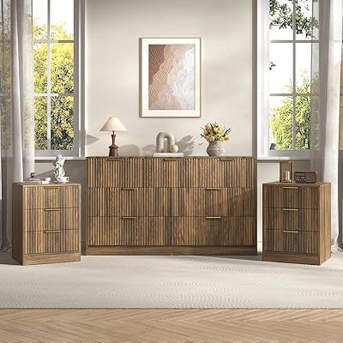 3-Piece Modern Bedroom Furniture Set, Wide 7-Drawer Dresser & 3-Drawer Nightstands Set of 2, Natural Wood Dresser and Nightstand Sets for Bedroom,Hallway, Walnut
