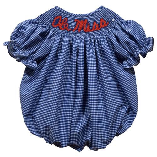 Ole Miss Rebels Smocked Navy Gingham Short Sleeve Girls Bubble