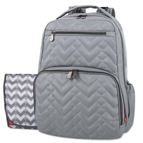 Fisher-Price 17”L Signature Morgan Quilted Multi-Pocket Diaper Bag Backpack with Matching Changing Pad, Insulated Bottle Pocket, Tablet Pocket and Stroller Straps in Gray