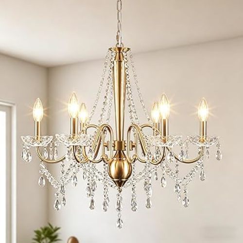 Gold Crystal Chandelier, 6-Light Candle Style Chandelier Lighting with Clear Crystal, 25" Vintage Modern Farmhouse Dining Room Chandelier Light Fixture for Living Room Bedroom Kitchen Foyer Stairway