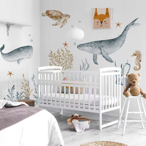 4 Pieces Large Watercolor Sharks Wall Decals Turtle wall sticker Coral wall decals Ocean Animal Peel and Stick Wall Sticker Under The Sea Marine Life Theme Decals Nursery Room Home Decor Party