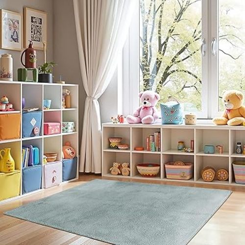 jinchan Solid Plush Area Rug 4x6 Performance Shaggy Washable Rug Indoor Soft Modern Faux Wool Cozy Non Slip Carpet for Living Room Kids Room Bedroom Dining Room Nursery Slate Blue