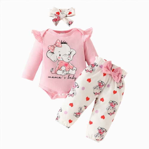 BOBOGOJP Baby Girls 0-18 Months Elephant Pattern Romper and Pants Outfit (Pink, 3-6 Months)