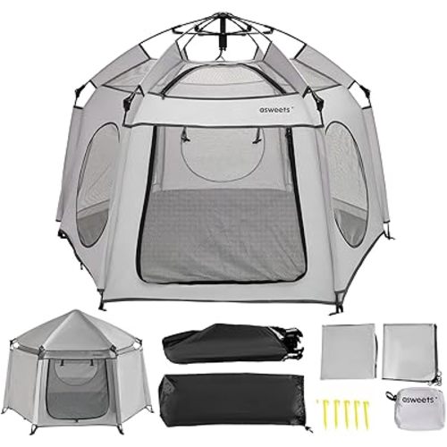 Asweets 4 in 1 Pop Up Playpen Indoor and Outdoor Portable, Lightweight Baby Playpen with Travel Bag,Baby Beach Tent and Play Toddler Play Yard Canopy(Grey)