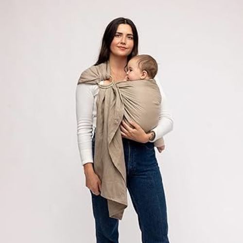 WildBird - Ring Sling Baby Carrier - 0-36 Months (up to 35 lbs) - Standard (74") Desert Lark & Gold Ring - Front, Hip or Back Carry - Adjustable Fit - Natural Linen - Baby Essentials - New Mom Gifts