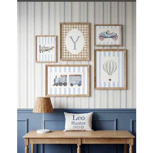 Personalized Transportation Nursery Art: Framed Blue Watercolor Vehicle Set