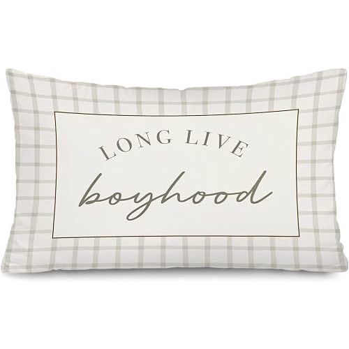 Long Live Boyhood Boy Nursery Decor 12x20 Pillow Cover, Retro Neutral Gingham Checkered Decorative Throw Pillow Covers Pillowcases Decorations for Kids Nursery Room Playroom Decor