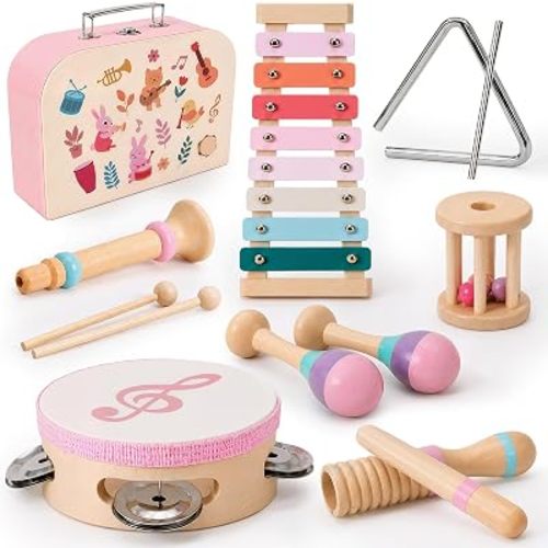 Toyssa Baby Musical Instruments, Montessori Wooden Musical Toys for Toddlers 2-3 with Xylophone Maracas Tambourine and Gift Box Kids Preschool Educational Birthday Gifts for 2 3 4 5 Year Old