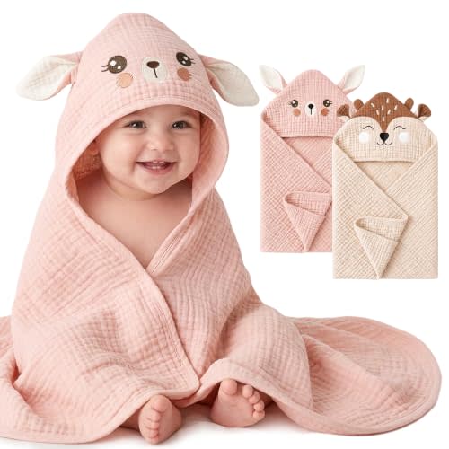 Konssy 2-Pack Muslin Baby Towels with Animal Hooded Design, 32 x 32 in | 100% Cotton, Super Soft & Absorbent Bath Towel Set for Newborns, Infants & Toddlers (Bunny, Deer)