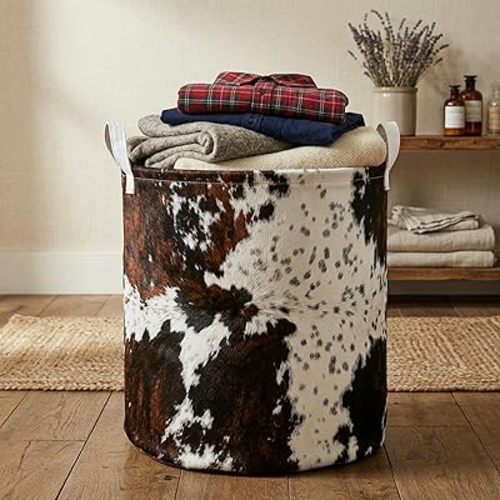 Highland Cow Laundry Basket with Lining Cowskin Printed Boys Girls Laundry Hamper for Clothes Storage Toys Bin Brown and White Cow Home Decor (Bull, 43L)