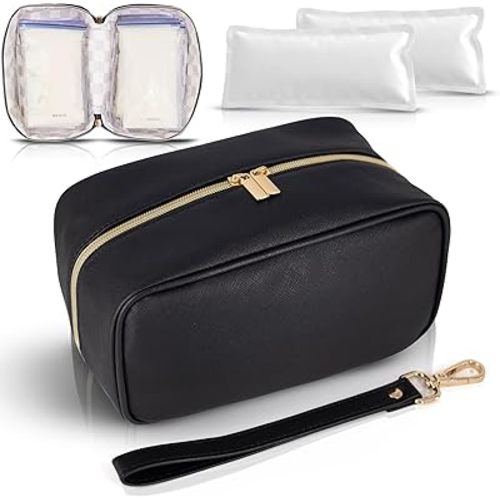 Breast Milk Cooler Travel Bag - Waterproof Breastmilk Storage Bag Cooler w/Ice Pack, Checkerboard Interior, Leather Strap, & More, Versatile Insulated Cooler Bag, Deal Baby Travel Essentials (Black)